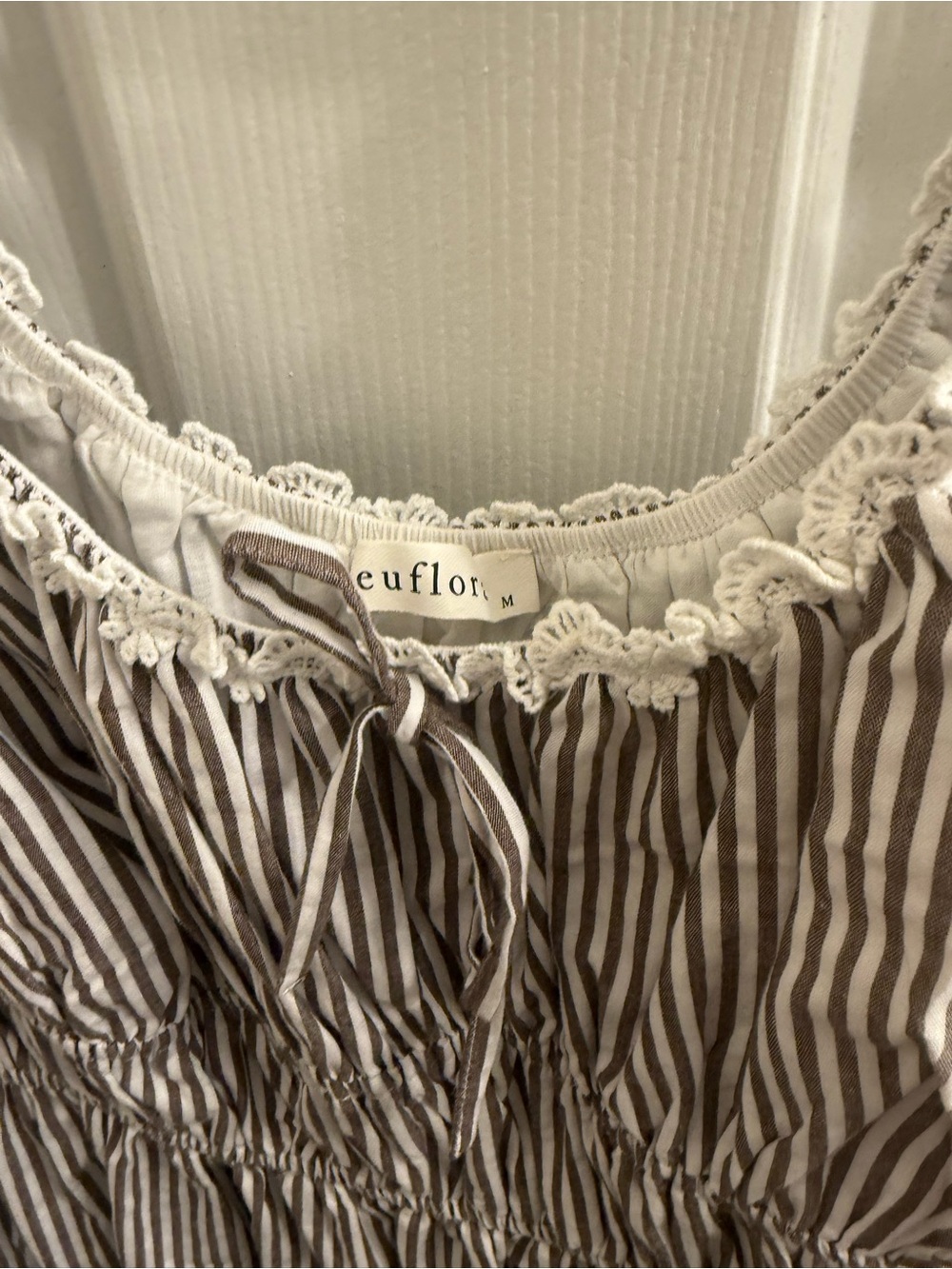 Neuflora Lisbon Dress Medium Like New Brown White Striped Midi Dress Lace Trim - Picture 4 of 4